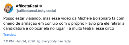 Post de AflicetaReal ❁ (‪@aflicetareal.bsky.social‬) :

Posso estar viajando, mas esse vídeo da Michele Bolsonaro tá com cheiro de armação em conluio com o próprio Flávio pra ele retirar a candidatura e colocar ela no lugar. Tá muito teatral esse circo