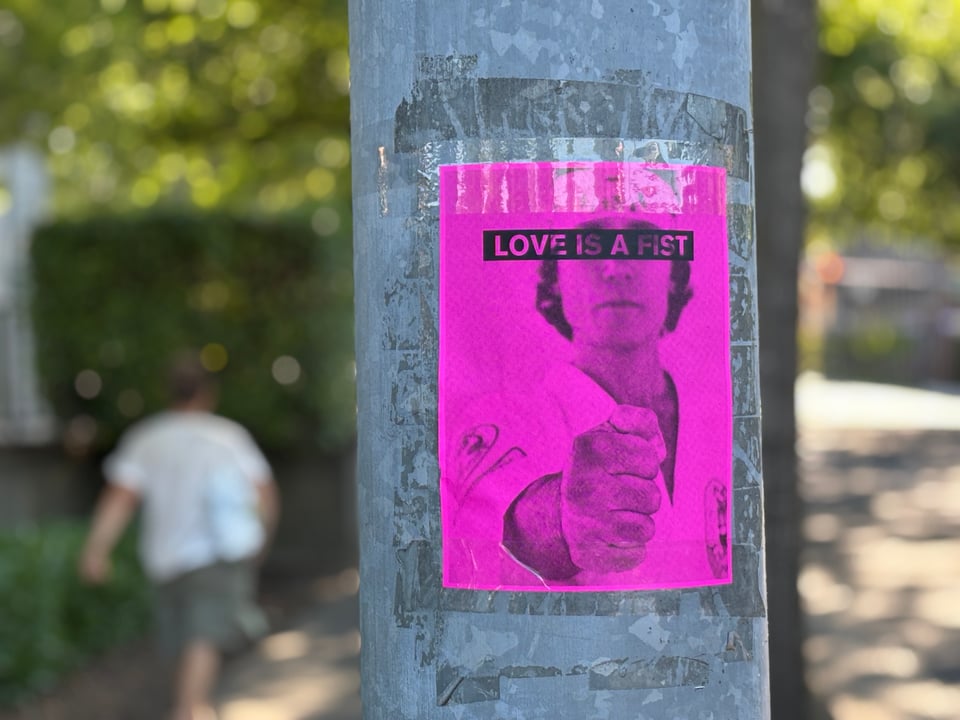 An image of a 1970s karate fighter posing with his fist in the foreground and the text Love is a Fist covering his eyes
