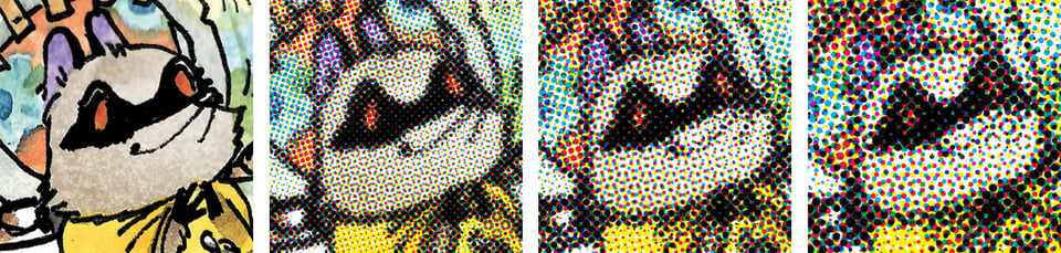 A set of four identical images shown with a progressive effect of scanning from left to right: original (digital computer color), then three simulated halftone dots patterns, coarser as they move left to right. The image is a cartoon of a raccoon's face.