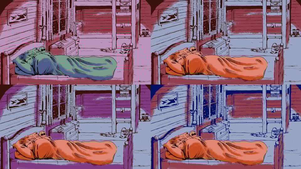 Four pictures of the scene, with Lucie in her bed. In the first one the background is purple/burgundy and the character green In the second one the background if teal/burgundy and the character orange In the third one the background is teal/purple and the character orange In the third one the background is blue/burgundy and the character orange