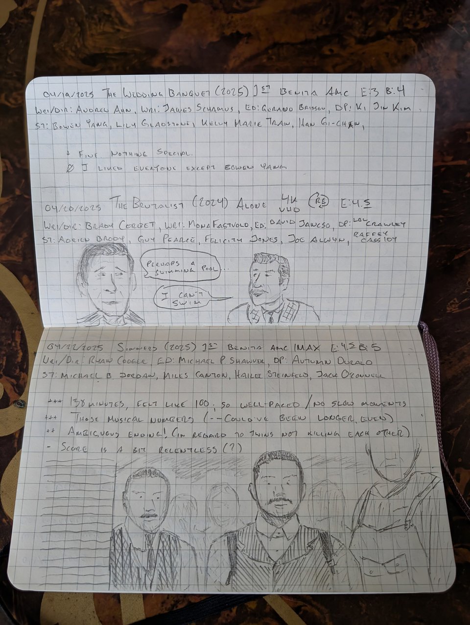 A quad-ruled notebook with handwritten notes/drawings about the movies The Wedding Banquet, The Brutalist, and Sinners.