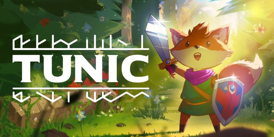 The Tunic logo. A fox holding a sword in a forest.