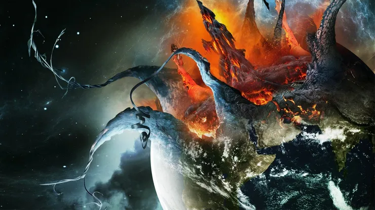 Cover art for Adrian Tchaikovsky's Shards of Earth depicting Earth, seemingly exploded from the inside into strange tendrils of the planet's metallic core.