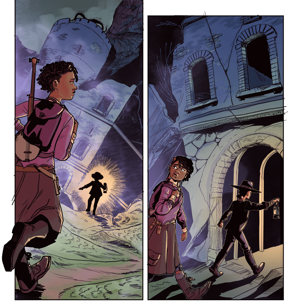 Two panels: On the left a large panel that stretches off of the page, the landscape in eerie greens, blues, and purples. A figure, silhouetted by the light of a kerosene lamp stands in sharp contrast to the spooky surroundings. On the left side, as if stepping into the panel from the white void of the comic's gutters is a young black woman, a weater and pleated skirt combo with calf-high boots. She wears a pack and gourd banjo on her back. The second panel is the two characters moving toward the interior of the ruins. The Previous panel's silhouetted figure is more apparent now, in a jacket rolled to the elbows, slacks and knee high boots. She has a wide-brimmed hat on her head.