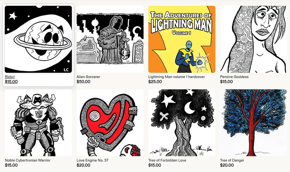 A screenshot of all 8 drawings on sale in my Etsy shop, including Ricky Imes, an alien sorcerer, an Autobot, a heart, and a couple of trees.