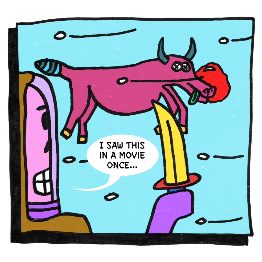 the man with a knife looking at a bull saying "I saw this in a movie once..."