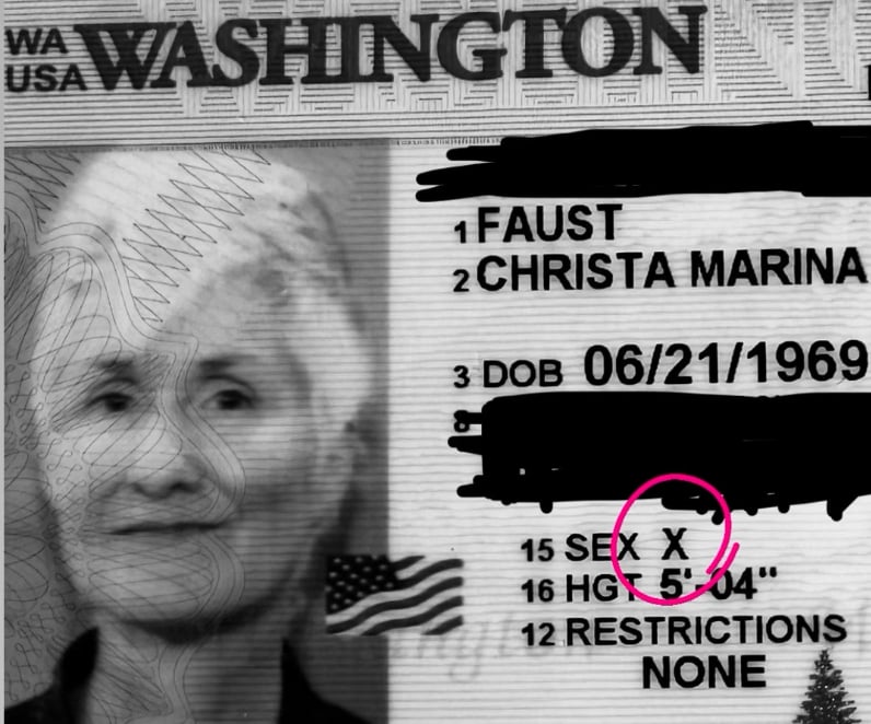 My driver's license USA WASHINGTON 1 FAUST 2 CHRISTA MARINA з DOB 06/21/1969 15 SEX X 16 HG 5' 04" 12 RESTRICTIONS NONE