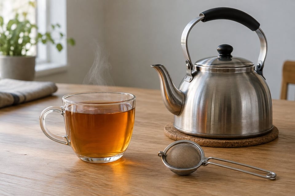 قوری شیشه‌ای چای در کنار زمان‌سنج برای کنترل زمان دم‌آوری
