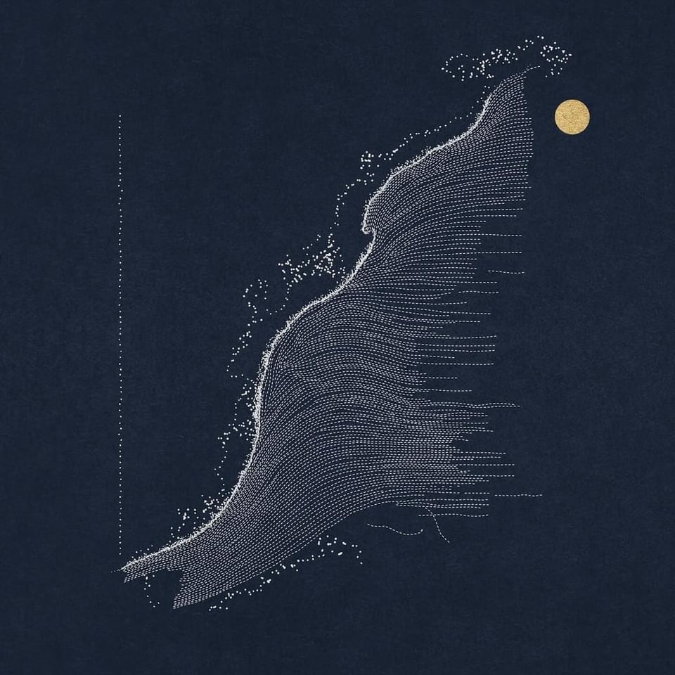 The album cover of Quadeca's Vanisher, Horizon Scraper. An abstract image of a sail, or flowing water, is dotted along a navy blue background, with a full moon in the top right corner.