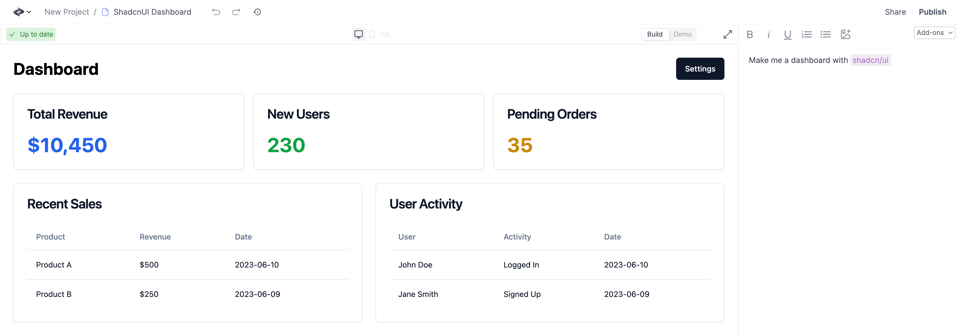 dashboard with shadcn/ui