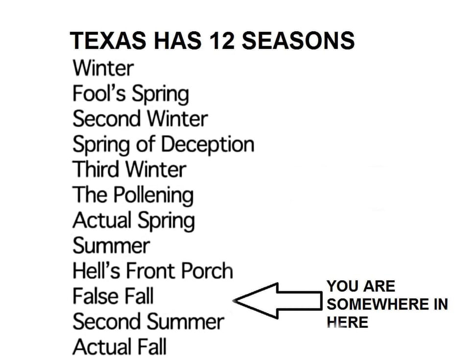 List of Texas seasons. Instead of 4, there are 12, including "Fool's Spring", "Third Winter", and "The Pollening"