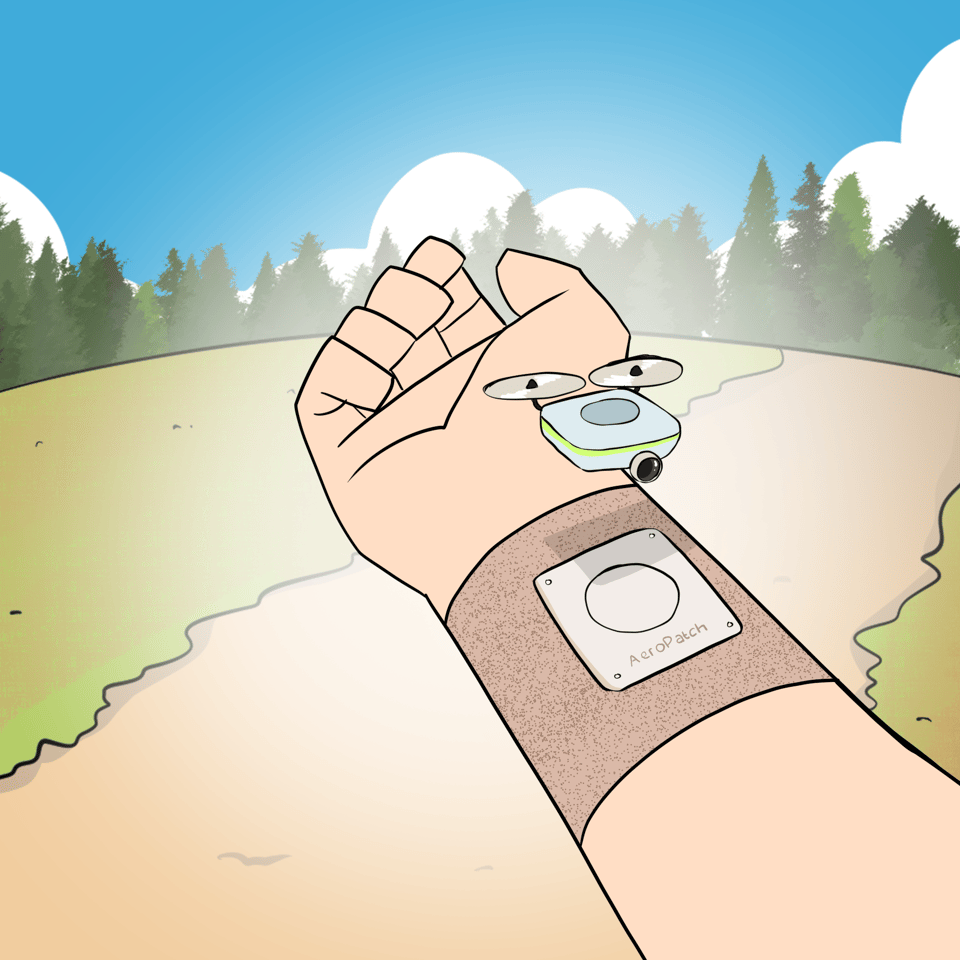 A boy is holding out his arm in the middle of a park. On his arm is a bandage which has just been placed there by a drone which is flying off.