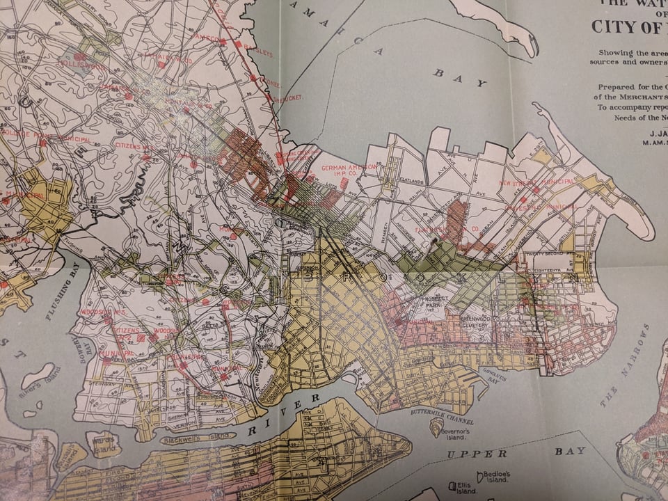 A color map of Manhattan, Brooklyn, and Queens. Manhattan is at the bottom of the map, and points east at the top.