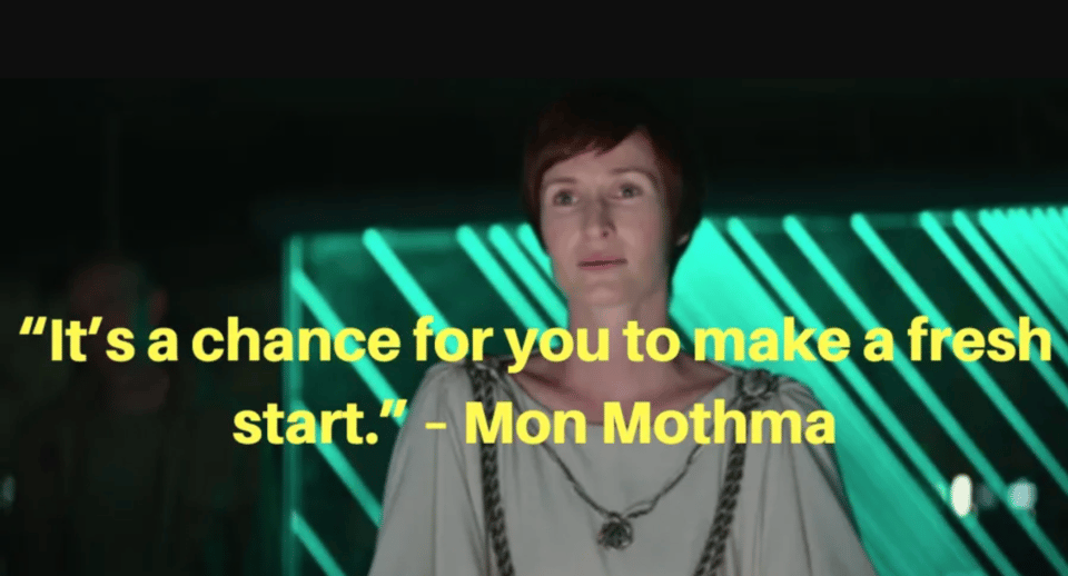 an image of mon mothma in the movie rogue one: a star wars story, with yellow text that says