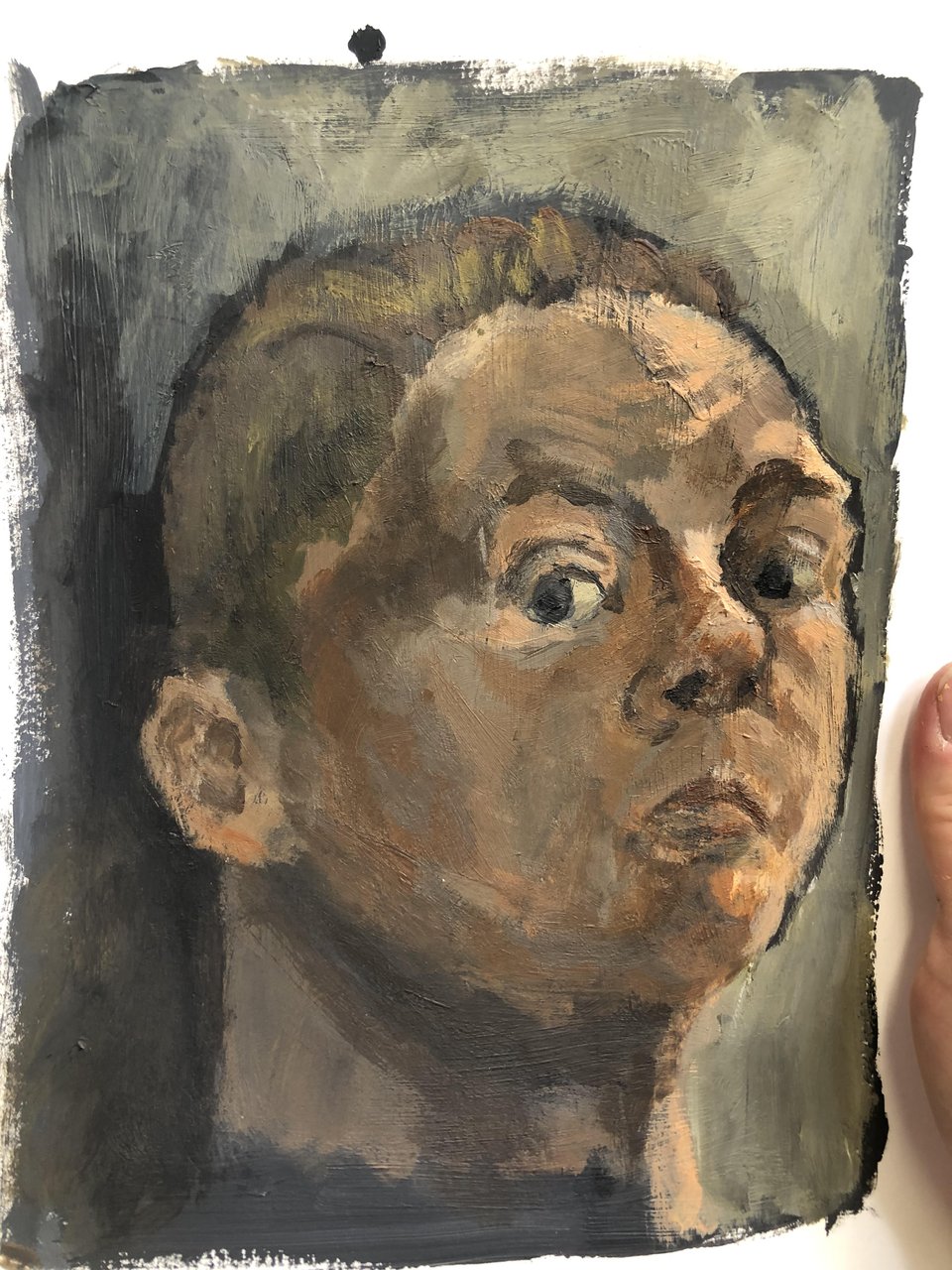 In which the same white person is shown at three-quarters view, chin lifted, eyebrows raised in a skeptical expression, this time painted in a limited color palette of browns and yellowy peaches.