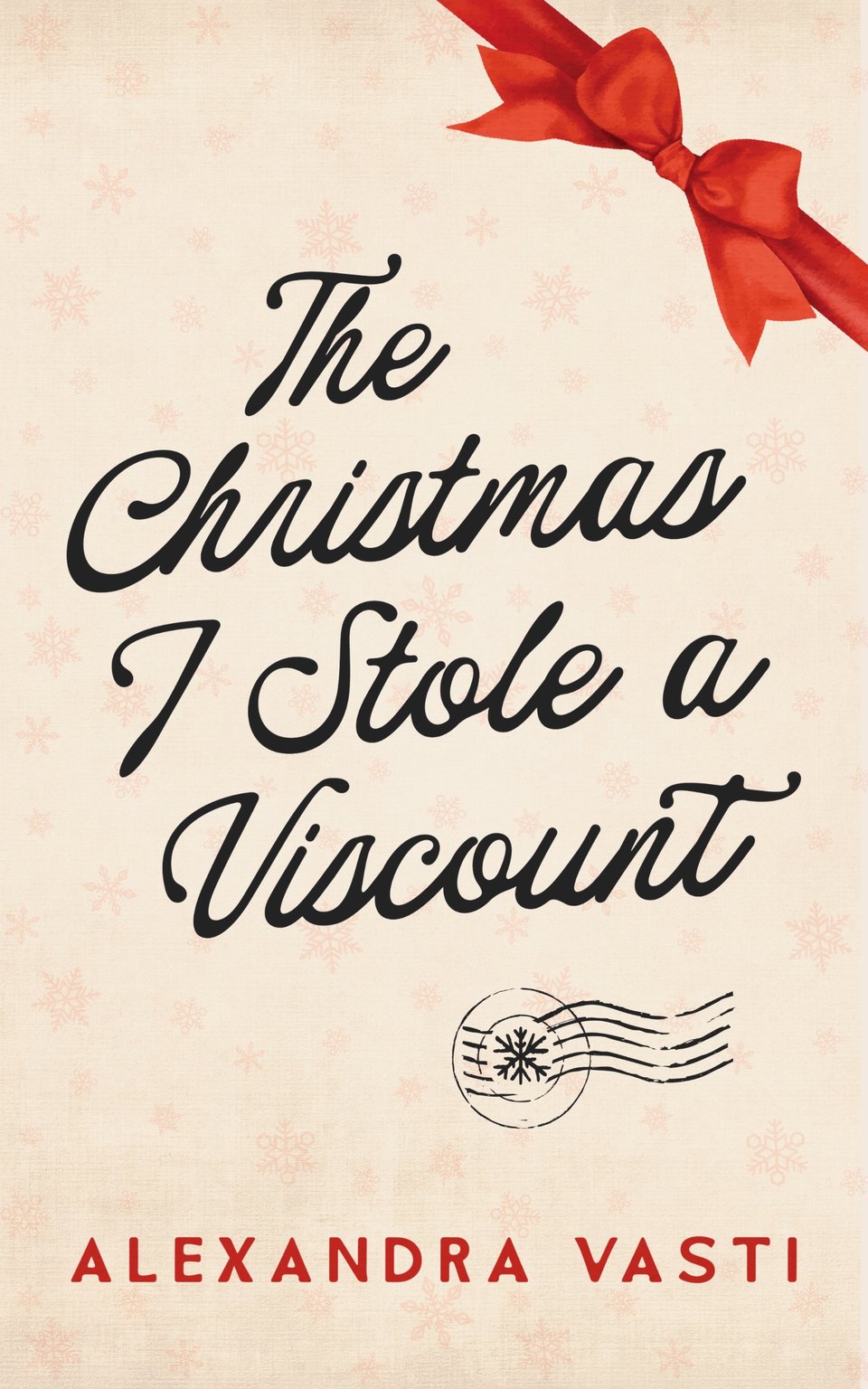 Book cover with a parchment-like background covered in snowflakes. Cursive writing says "The Christmas I Stole a Viscount." Below that, read print shows the author's name: "Alexandra Vasti."