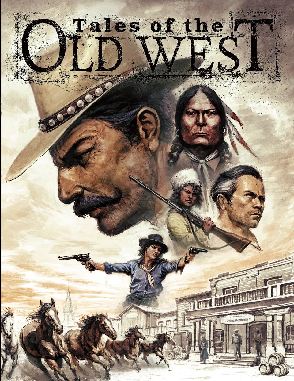 Gritty, weather beaten faces from the Old West of America hover above wild horses, saloons and gun fights. Tales of the Old West.