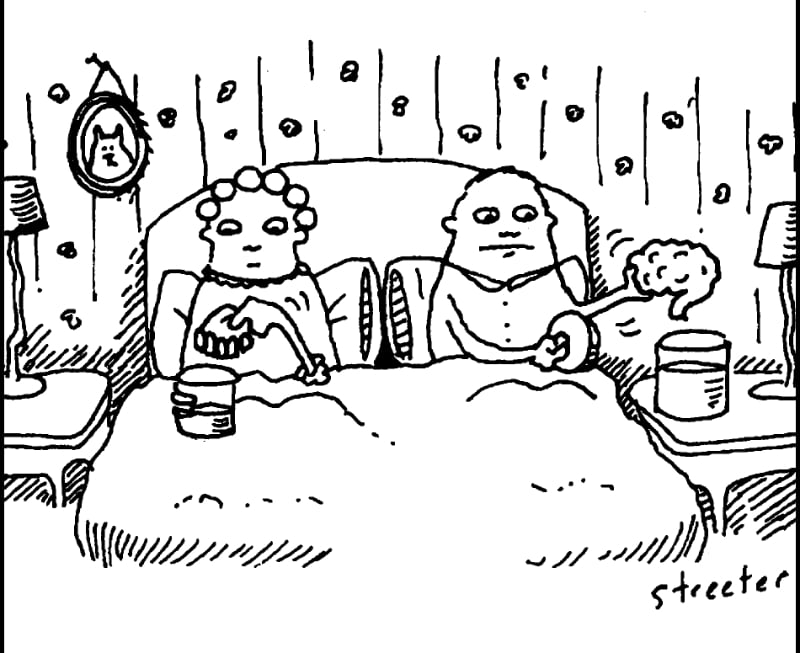 Cartoon of a couple putting things away for the night, she has her teeth, he is putting away his brain