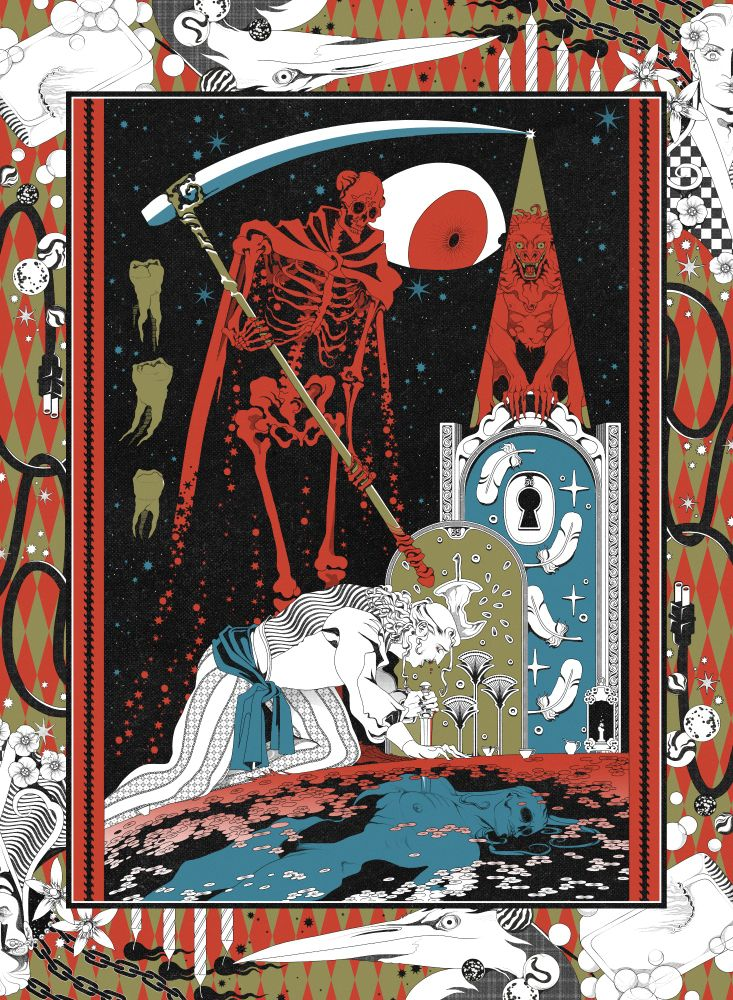 An ornate illustration showing a mourner crouching over a grave with a corpse buried beneath the eart. A skeleton reaper stands over them, and a gremlin and large eye crouch on a gravestone. The frame of the image has lots of details and patterns including birds and chains.