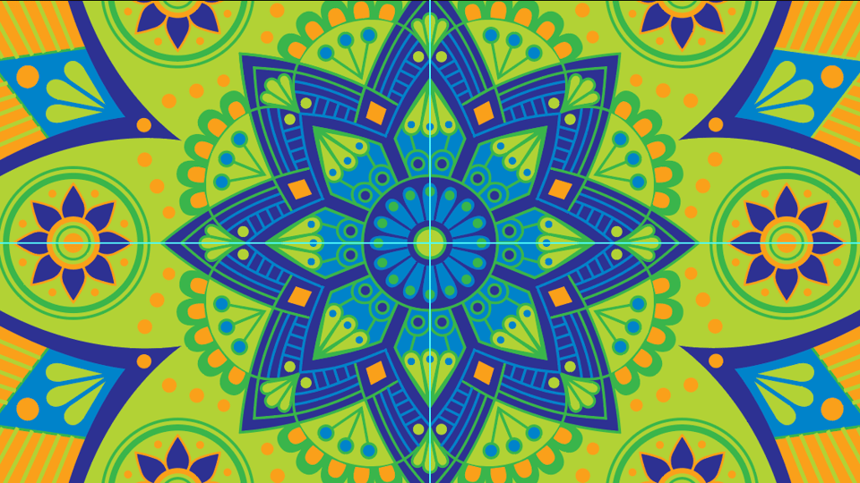 Mandala illustration with shades of blue, green, and orange