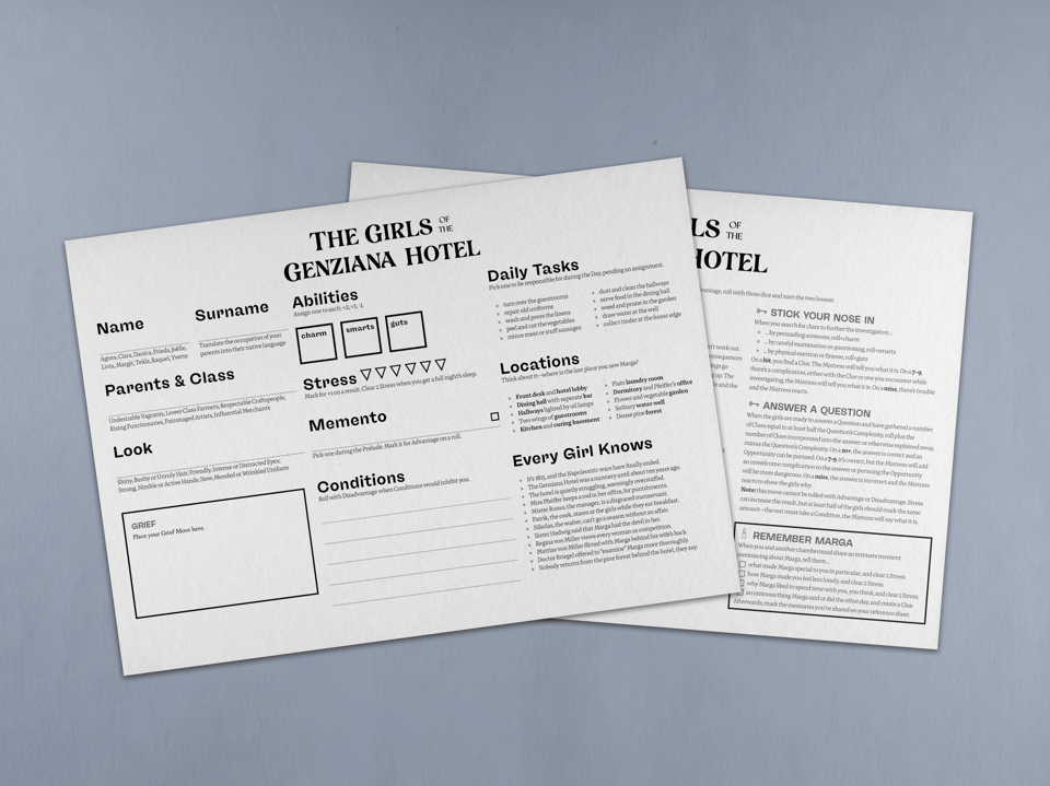 A mock up of the game's character sheet and reference sheet; it shows the girls have room to write about their parents and class, their look, and that there's space to put down a card with their grief move and write down which of Marga's belongings they chose as a memento.