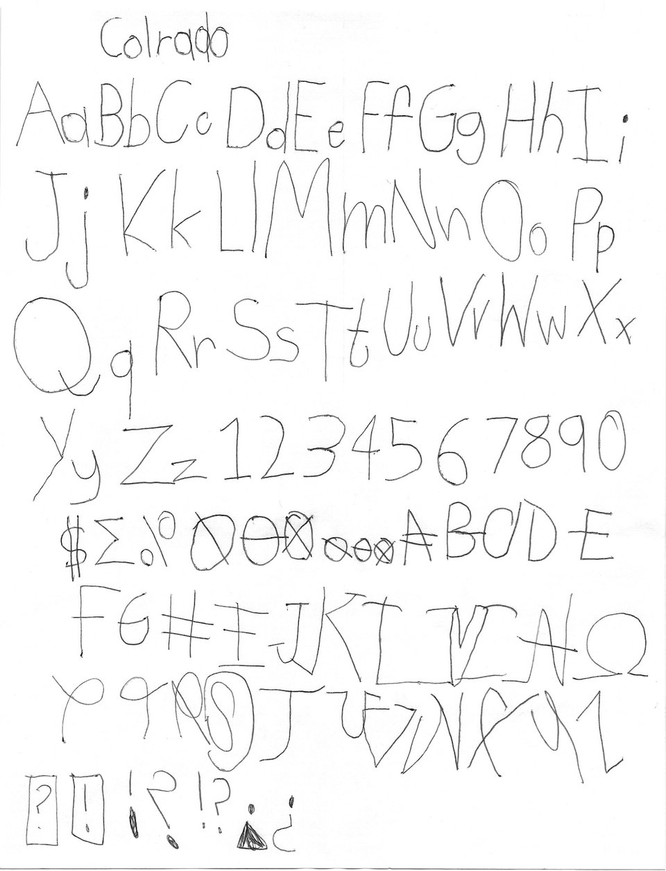 A very crude drawing of an alphabet, numbers, and terrible set of 'swashed' capitals. It looks like a kid drew it, because a kid literally did draw it.