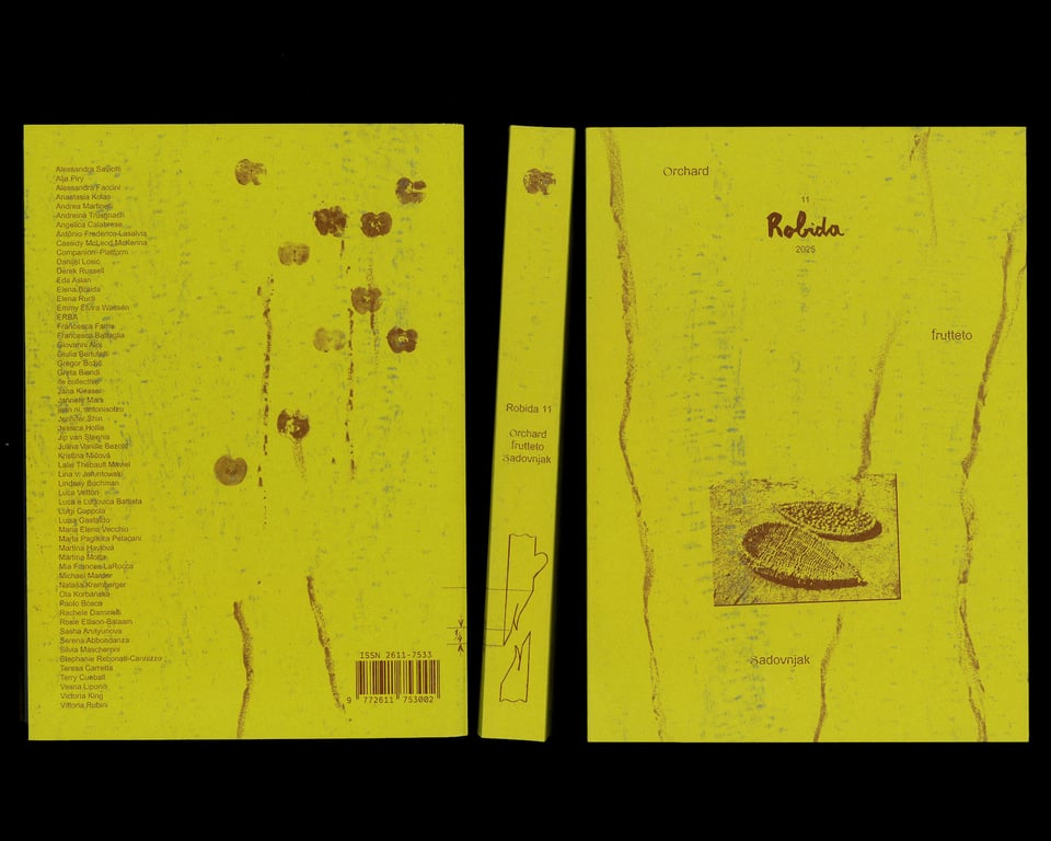 [Three views of a magazine with a chartreuse cover and faint brown rubbings: front cover, spine, and back.]