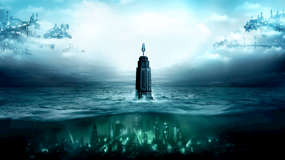 a lighthouse in the middle of the sea there's a city under the sea and another on the sky