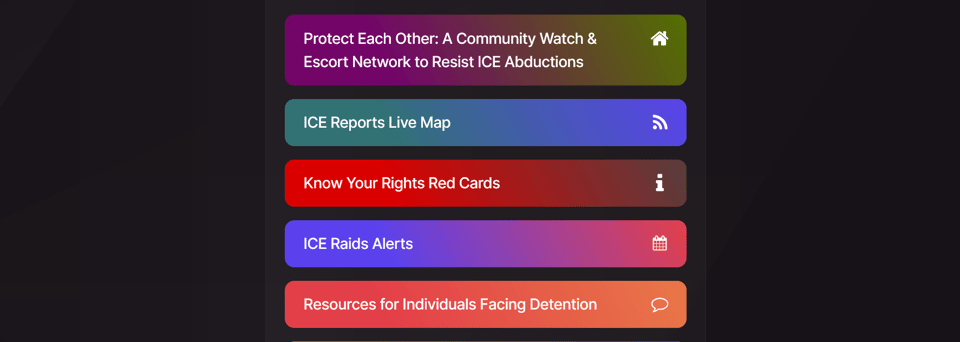 A screenshot of some of the useful links on the Resist Ice website.