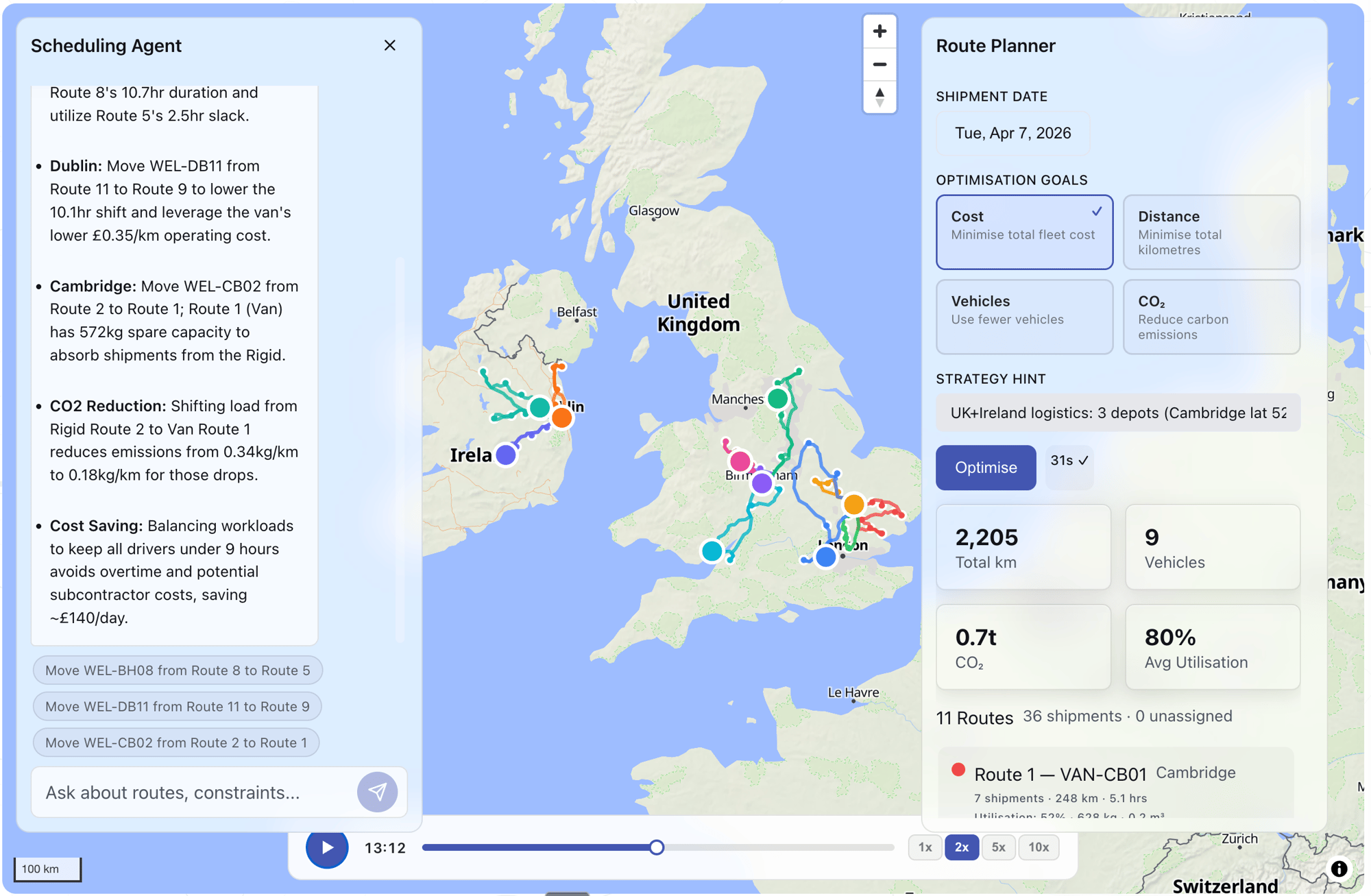 Fleet Optimiser route planner showing multimodal scheduling agent, UK route map, and optimisation metrics