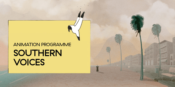 BLON Southern Voices animation programme banner featuring an illustrated coastal promenade lined with palm trees beneath a hazy sky.