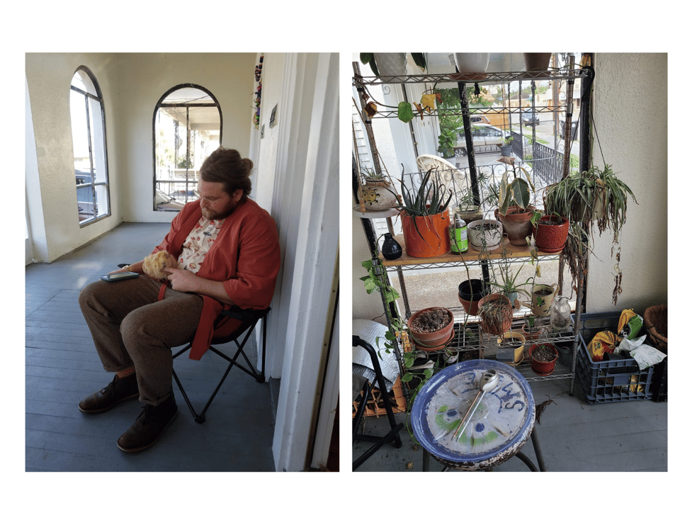 In the left image, Kyle, a white man with a bun, sits with a guinea pig in his lap on a porch. He is wearing a red jacket. In the right image, a lot of plans sit on shelves on the same porch.