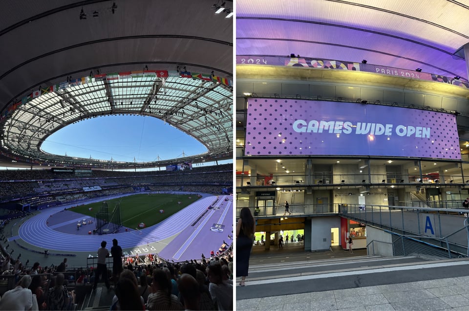 Two photos side by side. On the left, another shot of the Stade de France, a track and field stadium with a purple track. This time, it's sunny. On the right, a photo of a billboard outside the stadium that says