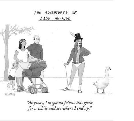A cartoon of a woman wearing a top hat and no trousers following a goose