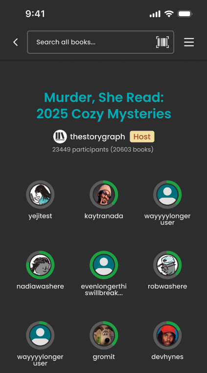 An interface displaying participant avatars and usernames for a "2025 Cozy Mysteries" reading challenge, which shows the number of participants and books involved and the progress of each participant via a circle around their profile picture.