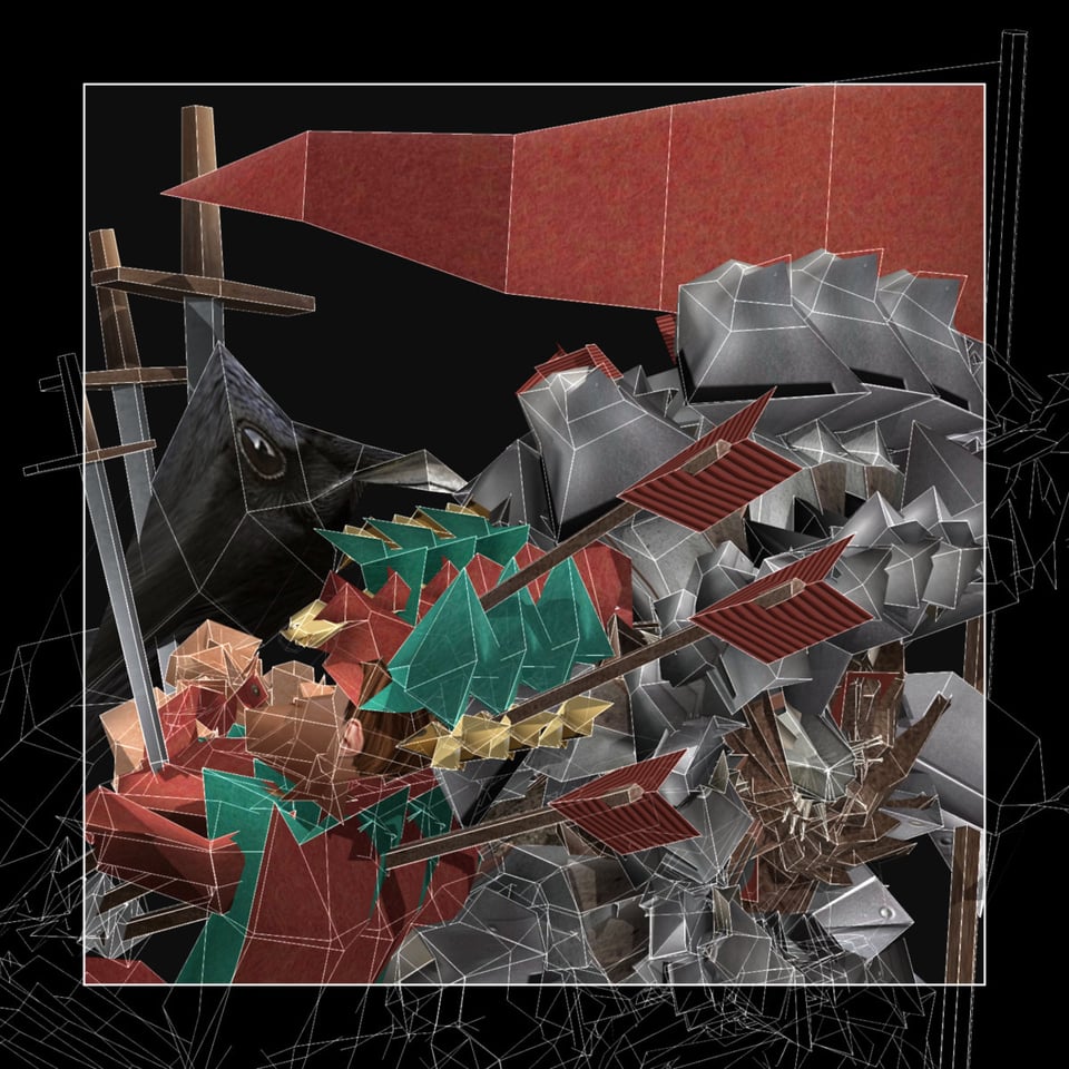 track art: a low polygon pile of jesters and crows truck through with arrows on a black background