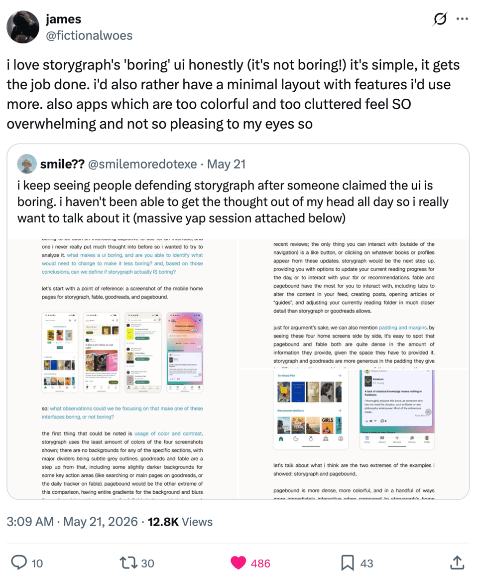 Screenshot of a post on X by james, @fictionalwoes. The post reads: “i love storygraph’s ‘boring’ ui honestly (it’s not boring!) it’s simple, it gets the job done. i’d also rather have a minimal layout with features i’d use more. also apps which are too colorful and too cluttered feel SO overwhelming and not so pleasing to my eyes so”. The post quotes smile??’s longer thread about whether StoryGraph’s UI is boring. It shows 12.8K views, 10 replies, 30 reposts, 486 likes, and 43 bookmarks.