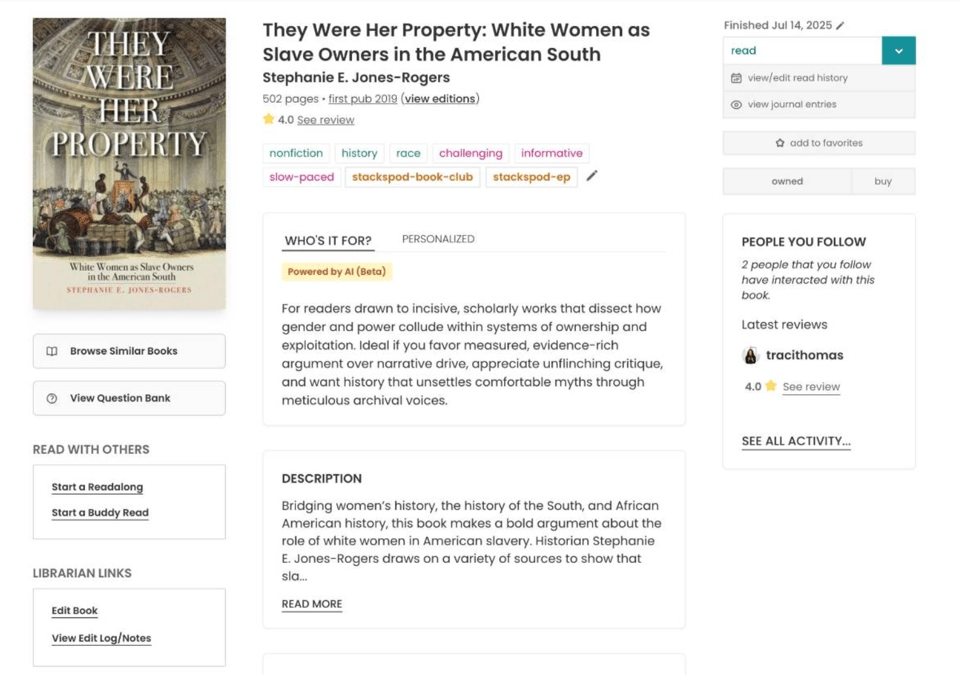 A StoryGraph book page where “Browse Similar Books” appears as a prominent button on the left-hand sidebar, directly below the book cover and above “View Question Bank”.