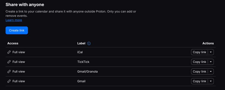 A screenshot of the "Share with anyone" section of Proton Calendar. It includes a blue 'Create link' button followed by a list of access links with the labels iCal, TickTick, Gmail/Granola, and Gmail.
