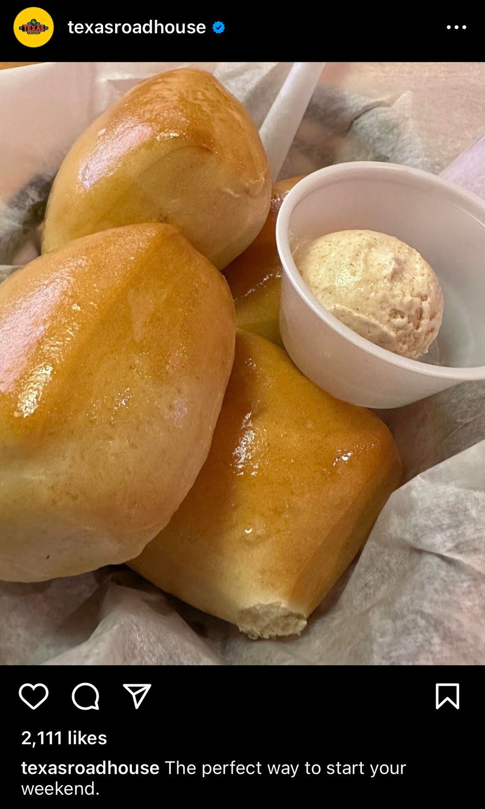 A screenshot of Texas Roadhouse's famous rolls, from Instagram (because buttondown won't embed IG posts?)