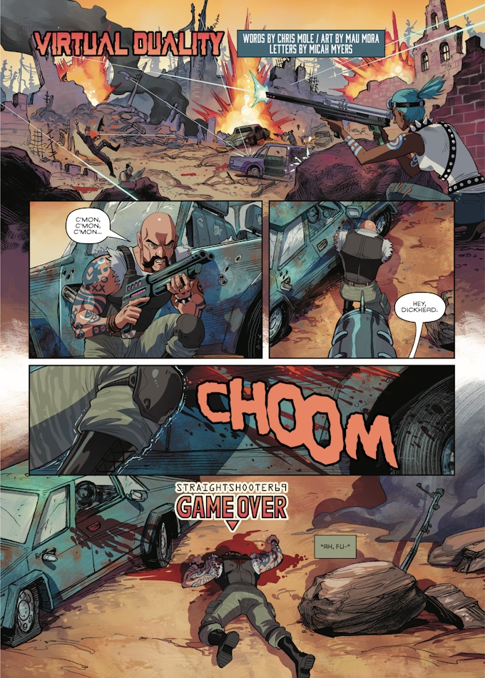 A preview page from the story Virtual Duality by Chris Mole, Mau Mora and Micah Myers. A battle scene ends with a man being shot in the back of the head.