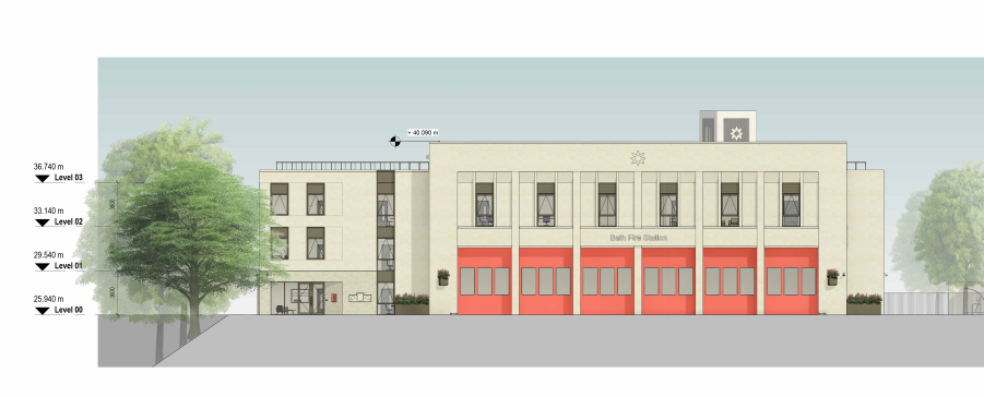 A drawing of a 2020s fire station. It has five bay doors set into a wide front. Above that is a set of narrower windows that on the same plane. To the left side of the main frontage, set back a little, is another three story block. The whole is clad in creamy Bath stone.