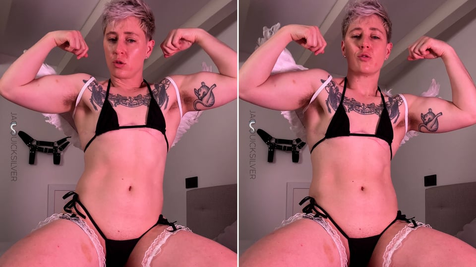 a teaser shot of Jaq in a black bikini and angel wings.