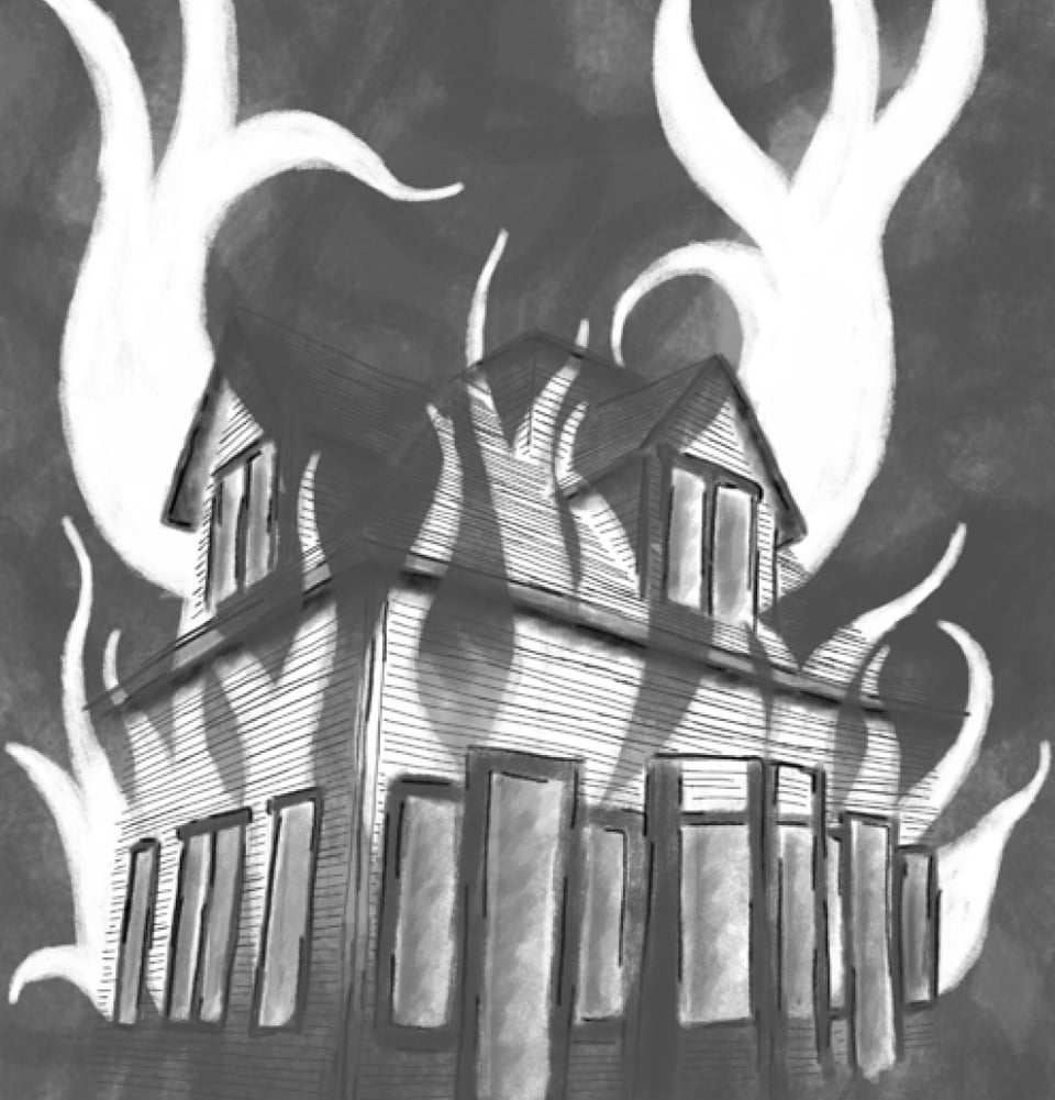 Illustration by Gaia Asher of a stylized house on fire from The Witch of Coös by Evie Ippolito