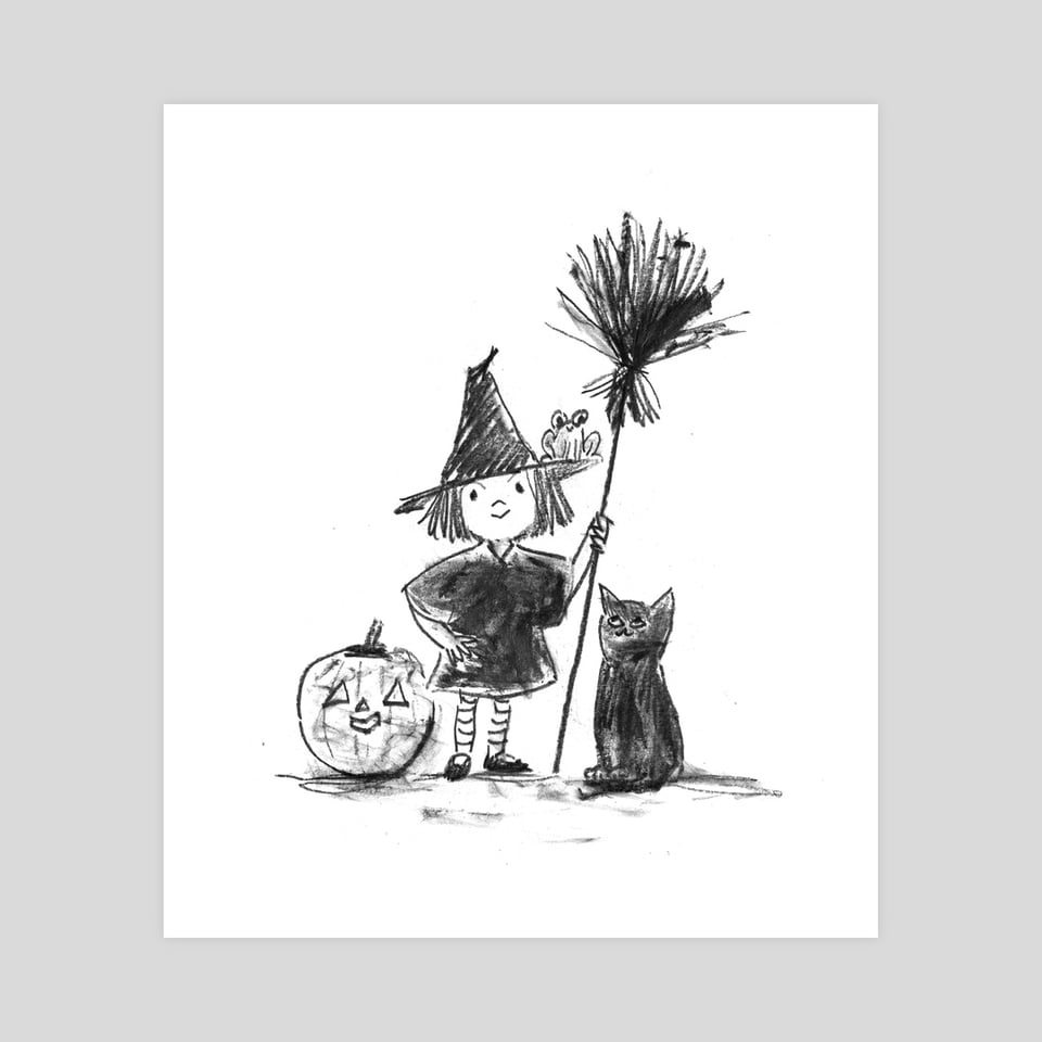 A preview of an INPRNT print of one of Kip Alizadeh's illustration of a young witch looking determined with a broom and with her animal friends.