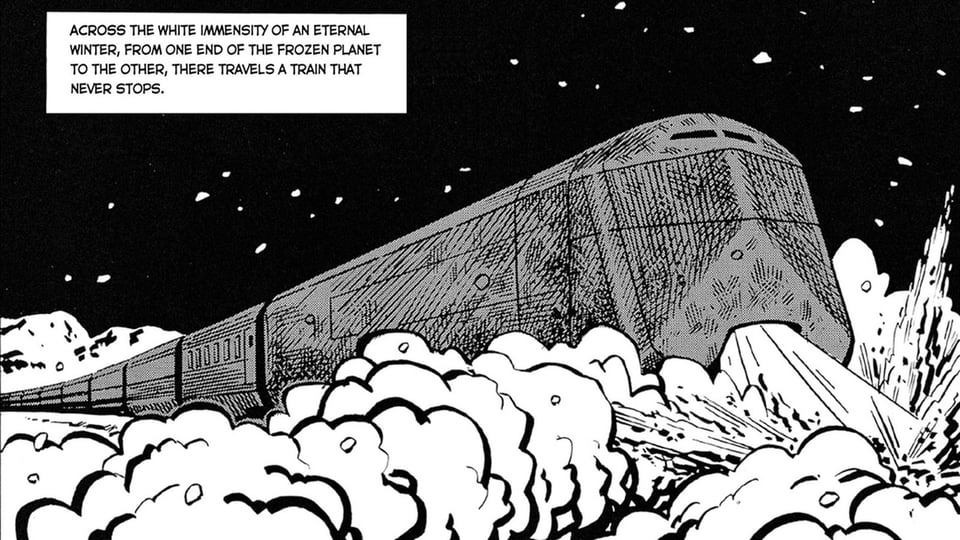 A panel from the Snowpiercer graphic novel, depicting a train that never stops moving, in a frozen landscape. Snowpiercer is probably the most famous story about geoengineering gone wrong.