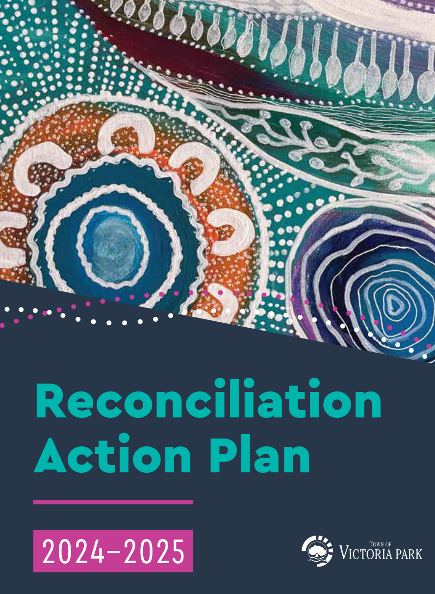 The front page of the Reconciliation Action Plan, 2024-2025, illustrated with an image showing concentric circles and lines of dots in blues, greens, reds, and purples.