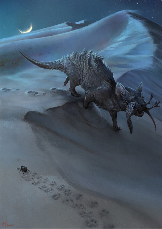 Art of a potential trackmaker in ancient Brazil, a bristly and low-slung mammal.
