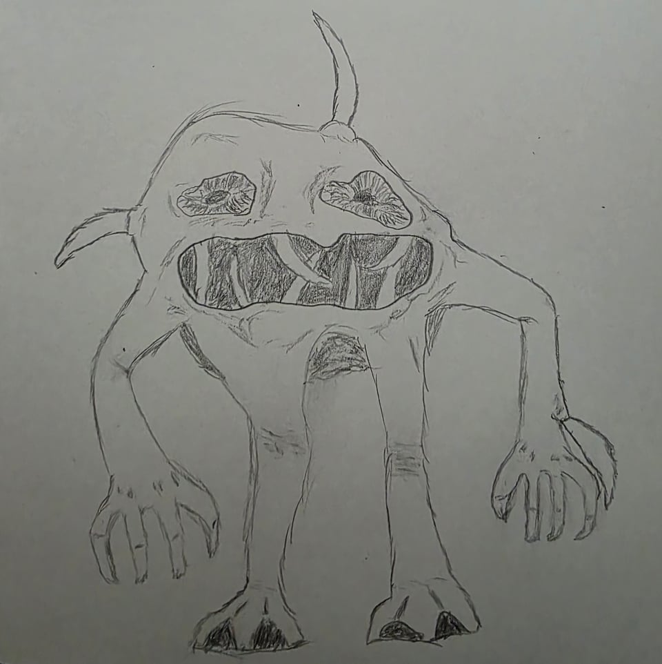 A sketch of a small monster with two stubby legs, long arms ending in clawed hands, and fangs jutting out of its mouth and odd places from its body. The eyes are so deep and sunken you can't even see any proper eyeballs.