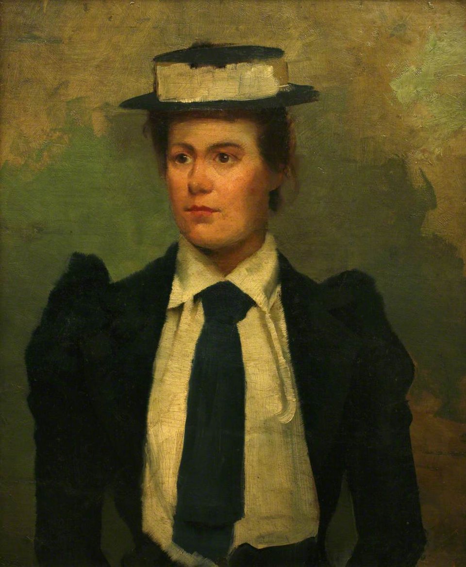 A portrait of a young woman in a white shirt under a black jacket, with a dark tie and a dark straw boater hat with a white band.